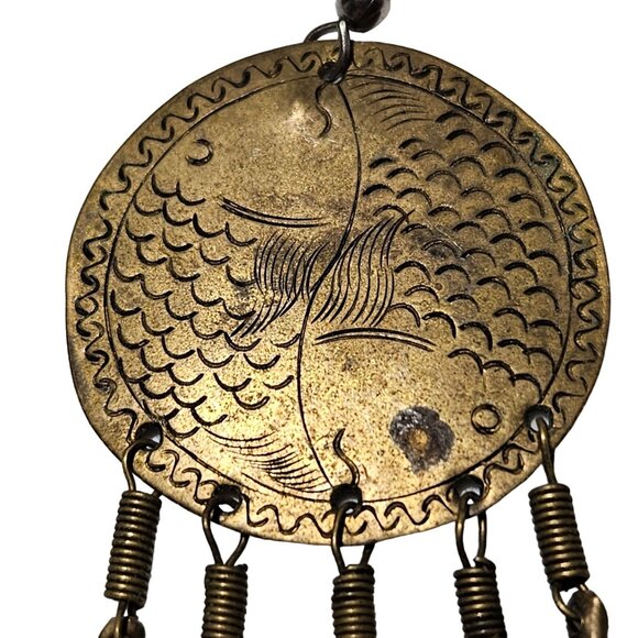 Vintage Brass Fish Wind Chime Dangle Earrings Statement Pisces Fashion Jewelry - Picture 2 of 6